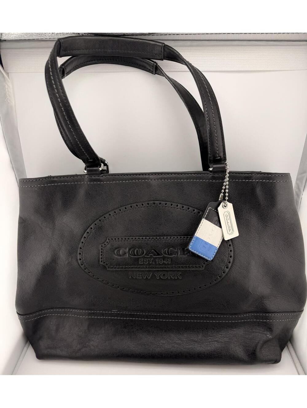 Coach Leather Tote Bag Black Shoulder Bag Large Logo Classic Purse